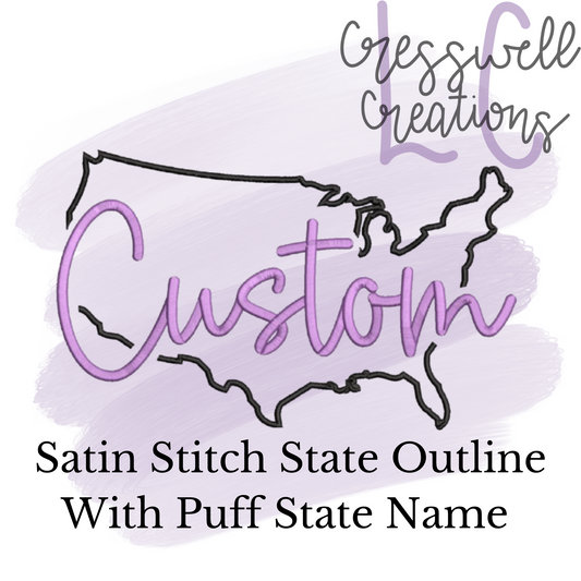 Custom State Outline with Puff Lettering Machine Embroidery Design