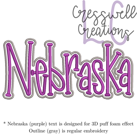 Nebraska 3D Puff  Machine Embroidery Design