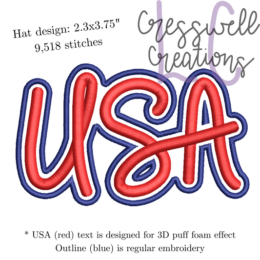 USA Script 3D Puff Hat Machine Embroidery Design