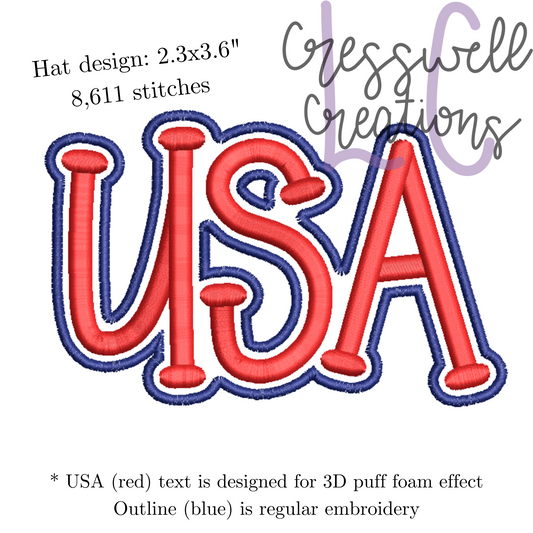 USA 3D Puff Hat Machine Embroidery Design