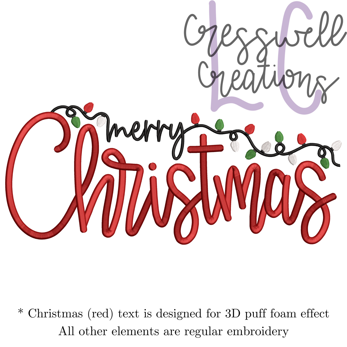 Merry Christmas Lights 3D Puff Machine Embroidery Design