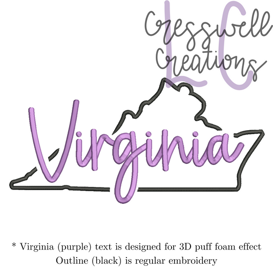 Virginia State 3D Puff  Machine Embroidery Design