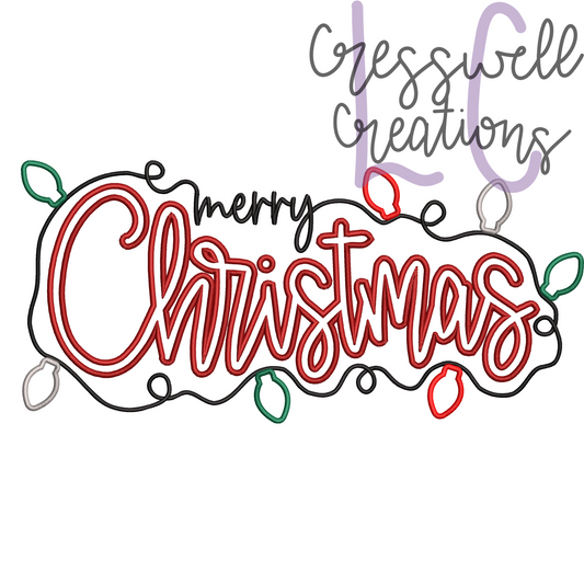 Merry Christmas Lights Satin Stitch Applique Machine Embroidery Design