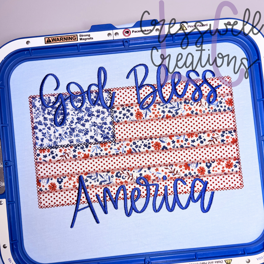 God Bless America Flag Applique Machine Embroidery Design