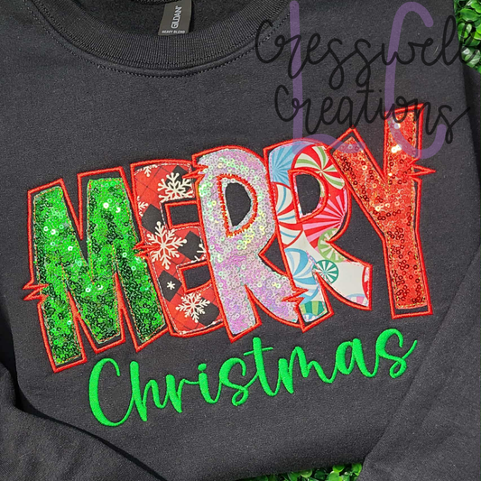 Merry Christmas Bean Stitch Applique with Satin Detailing Machine Embroidery Design