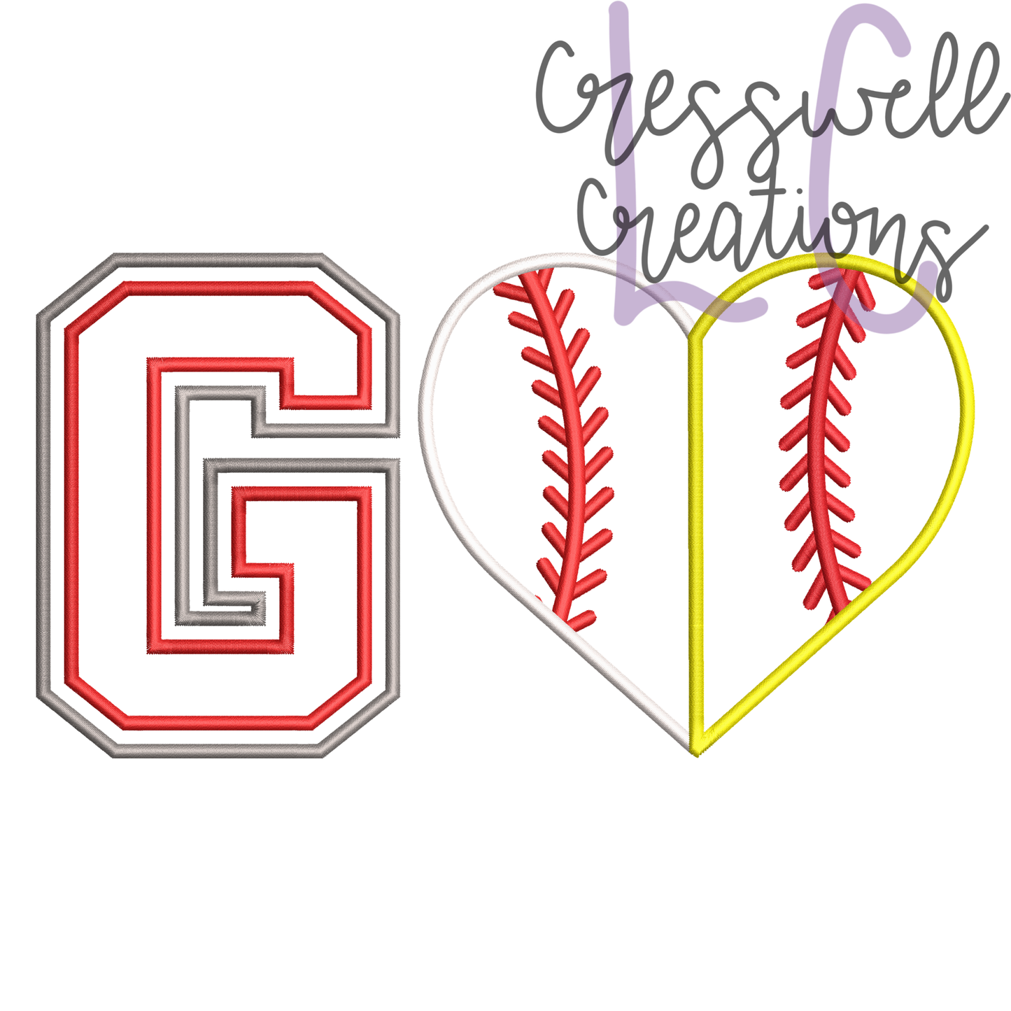 GO Baseball/Softball Heart Split Applique Machine Embroidery Design