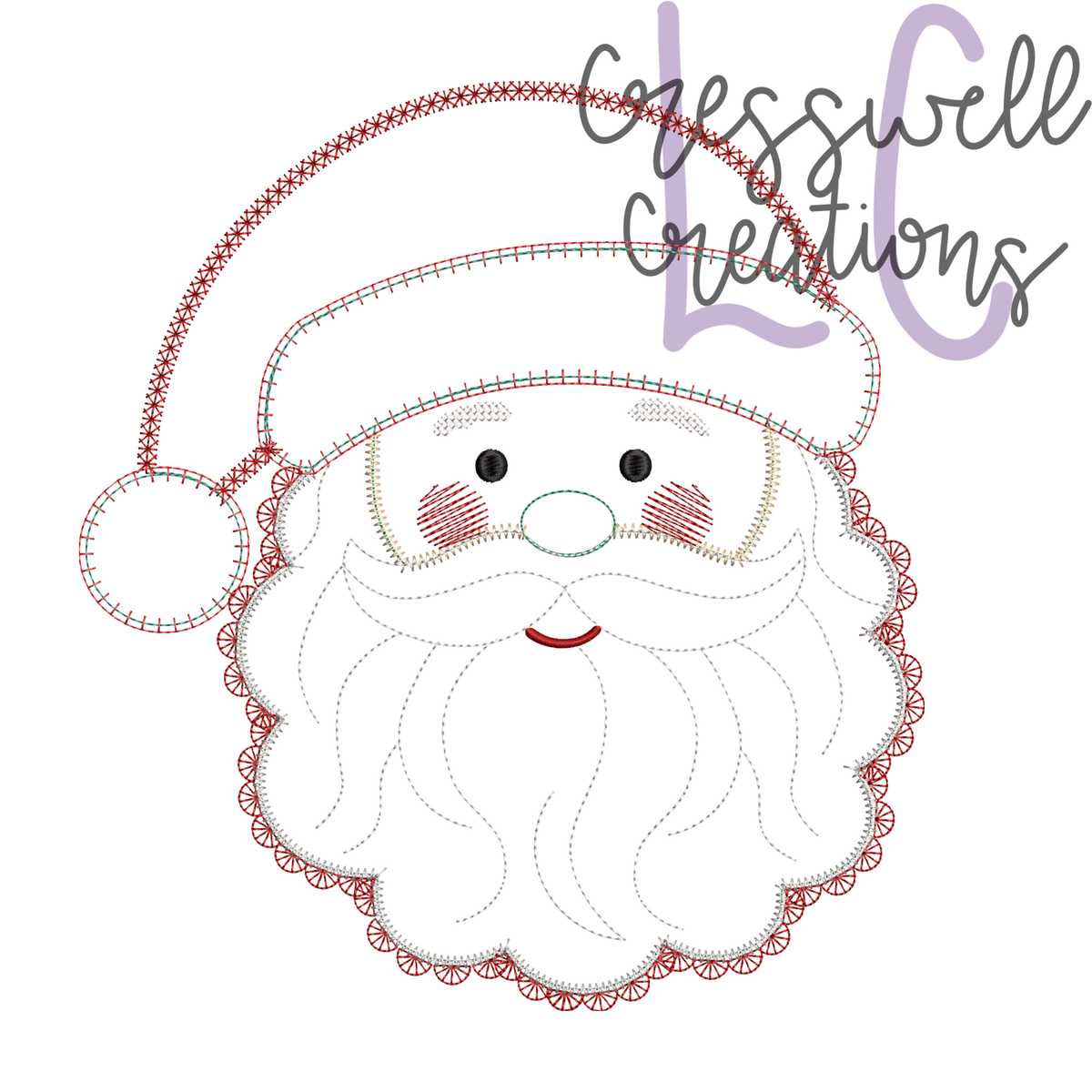 Santa face with a hat and curly beard outline, applique design preview