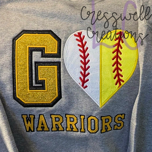 GO Baseball/Softball Heart Split Applique Machine Embroidery Design