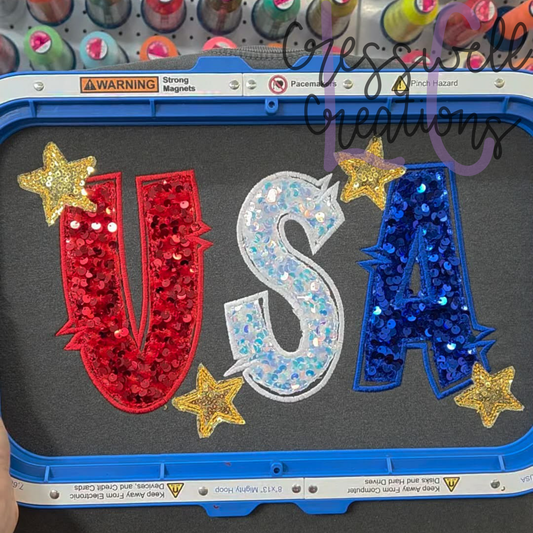 USA Bean Stitch Applique with Satin Doodle Outline Machine Embroidery Design