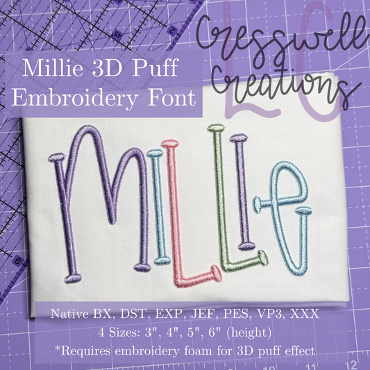 Millie 3D Puff Machine Embroidery Font