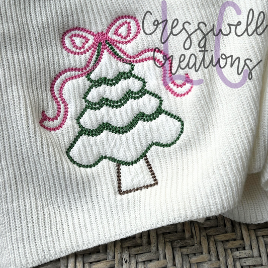 Christmas Tree with Bow Chain Stitch Machine Embroidery Design