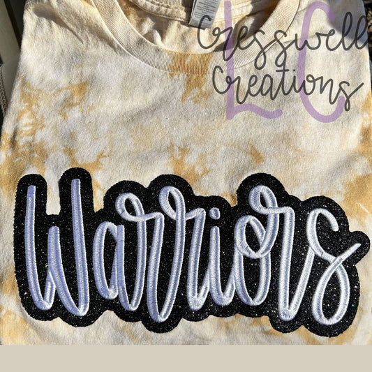 Warriors Satin Lettering With Bean Stitch Applique