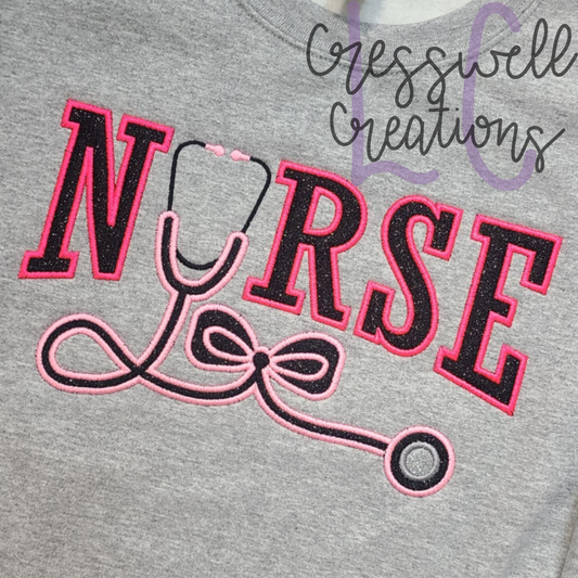 Nurse with Stethoscope Bow Satin Stitch Applique