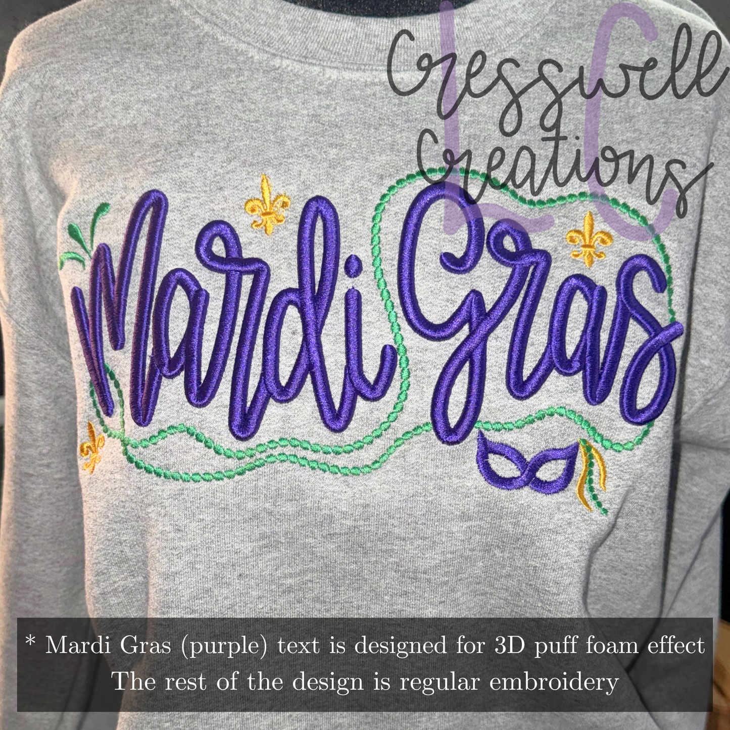 Mardi Gras 3D Puff Script Machine Embroidery Design